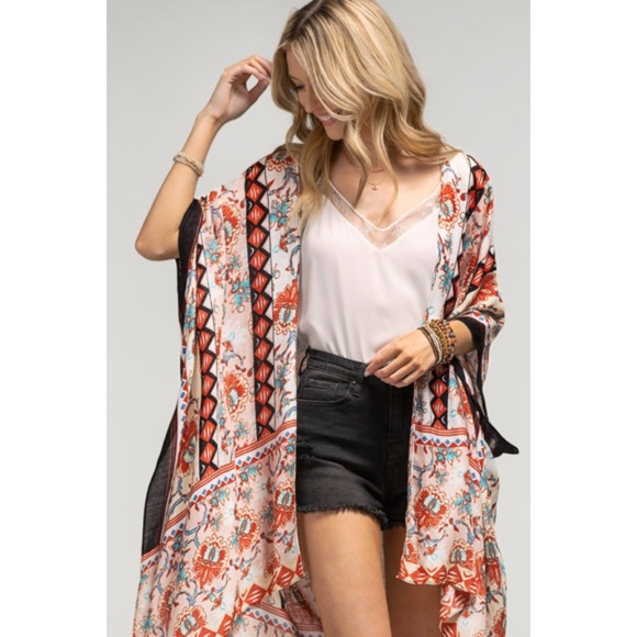 Peach Diamond Printed Cream Floral Kimono Wrap Coverup Top Women's Summer - Picture 2 of 4